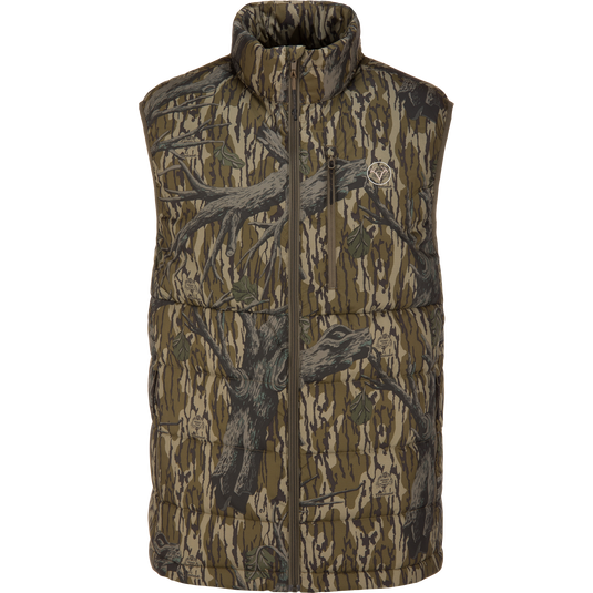 The Non-Typical Down Vest with Agion Active X2 by Nontypical features a Mossy Oak Original Treestand pattern, zip-up front, and high collar—ideal as a stylish and functional hunting vest.
