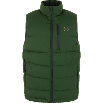The Nontypical Non-Typical Down Vest with Agion Active X2 in Douglas Fir features a high collar, front zipper, two side pockets, a zippered chest pocket, and a small circular logo on the upper left chest.