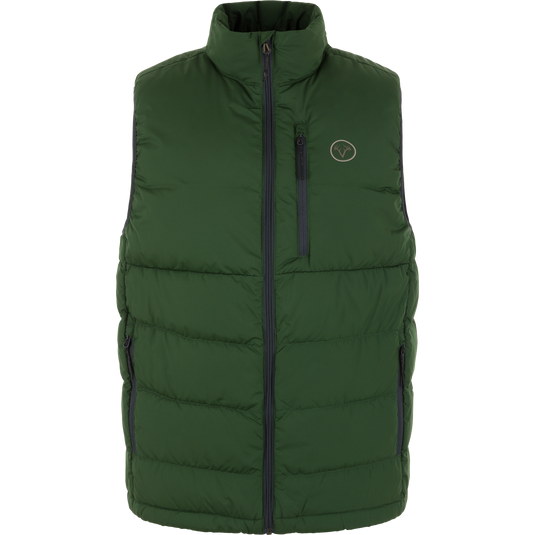 The Nontypical Non-Typical Down Vest with Agion Active X2 in Douglas Fir features a high collar, front zipper, two side pockets, a zippered chest pocket, and a small circular logo on the upper left chest.