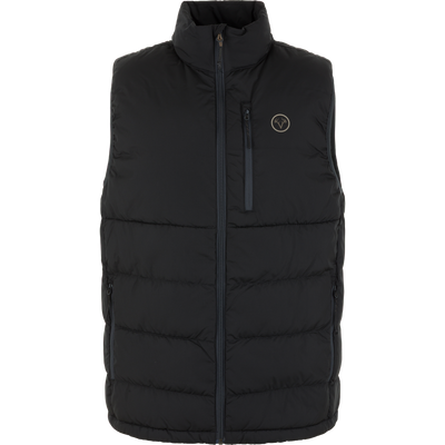The Non-Typical Down Vest with Agion Active X2 by Nontypical in Jet Black features a high collar, quilted design, front zipper, zippered chest pocket, two side pockets, and a small round logo on the left chest.