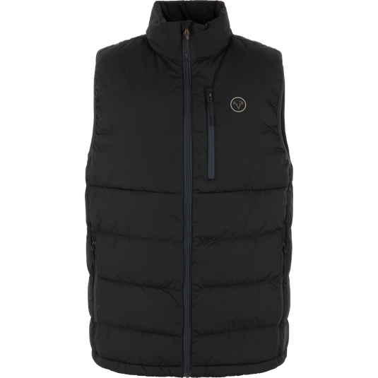 The Non-Typical Down Vest with Agion Active X2 by Nontypical in Jet Black features a high collar, quilted design, front zipper, zippered chest pocket, two side pockets, and a small round logo on the left chest.