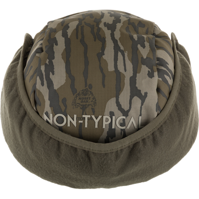 Close-up of the Non-Typical Down Hat with Agion Active X2, showing camouflage fleece with Mossy Oak logo, designed for warmth and comfort during late-season hunts.