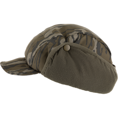 Non-Typical Down Hat with Agion Active X2, featuring an olive-drab tiger-stripe camo pattern, short brim, fold-down earflaps, and quilted crown for cold-weather hunting.