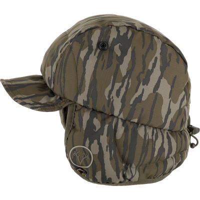 Non-Typical Down Hat with Agion Active X2, featuring camouflage pattern, ear flap, drawcords, and logo patch, designed for warmth and comfort in harsh hunting conditions.