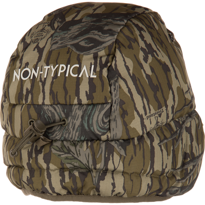 Non-Typical Down Hat with Agion Active X2, featuring a camo pattern, quilted design, elastic cuff, adjustable draw-cord, and logo, ideal for cold, wet hunts.