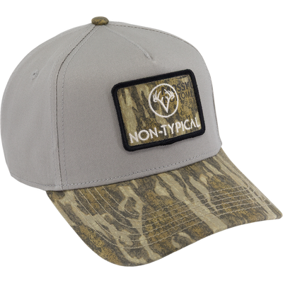 Non-Typical x Lost Ea5y Hybrid Patch Logo Cap with light gray crown, camo visor, antler logo patch, mid-profile fit, and snapback closure.