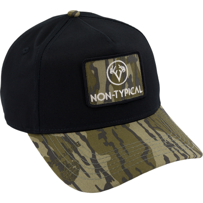 Non-Typical x Lost Hat Ea5y Hybrid Patch Logo Cap with a black front, camo bill, embroidered antler logo, and adjustable snapback for versatile, durable wear.