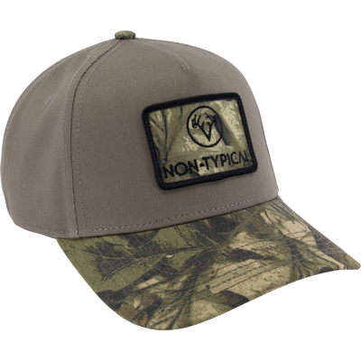 Non-Typical x Lost Hat Ea5y Hybrid Patch Logo Cap with camo bill, antler logo patch, and adjustable snapback for versatile, durable wear.