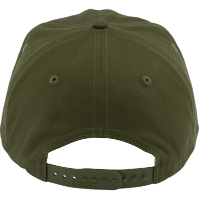 Non-Typical x LOST Stepdad Logo Cap, snapback style, features stitched panels, embroidered eyelets, and adjustable snap-strap with LOST, blending casual comfort and distinctive style.