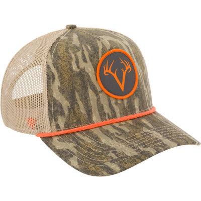 Non-Typical x Lost Hat Ea5y-R Trucker Rope Cap with camo front, orange cord, mesh back, and deer-antler logo, ideal for versatile hunting and casual wear.