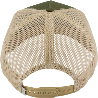 Non-Typical x Lost Hat Ea5y-R Trucker Rope Cap with tan mesh back, olive-green top, and adjustable snapback closure, perfect for hunting and casual wear.