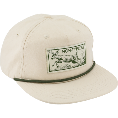 Non-Typical x Lost Hat Goat Rope Patch Logo Cap with deer patch, green paracord, adjustable snap-back, and flat visor for customizable fit.