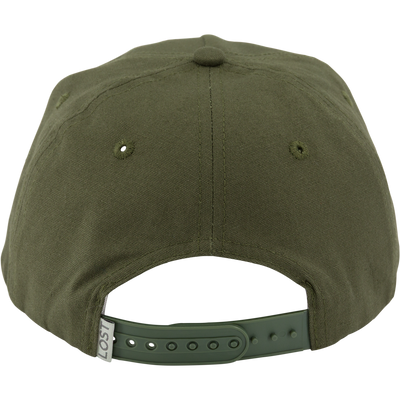 Non-Typical x Lost Hat Goat Rope Patch Logo Cap with adjustable snap-back closure, showcasing stitched panels and top button, highlighting signature 550 Paracord and woven patch design.