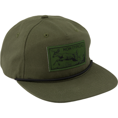 Non-Typical x Lost Hat Goat Rope Patch Logo Cap with a running deer patch and a paracord detail, featuring an adjustable snap-back and flat visor.