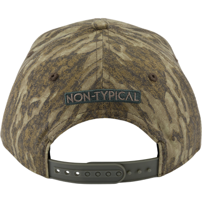 Non-Typical Side Logo Ball Cap featuring a camouflage pattern, 6-panel construction, snapback closure, and embroidered NON-TYPICAL patch for style and functionality.