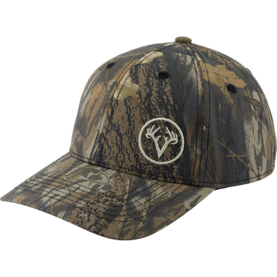 Close-up of the Non-Typical Side Logo Ball Cap with a camouflage pattern, featuring a curved brim, deer-antler logo, and snapback closure for a secure fit.