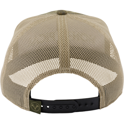 Rear view of Non-Typical Flatbill Trucker Ball Cap featuring mesh panels, a central seam, adjustable snapback, and a green tag with deer-head logo.