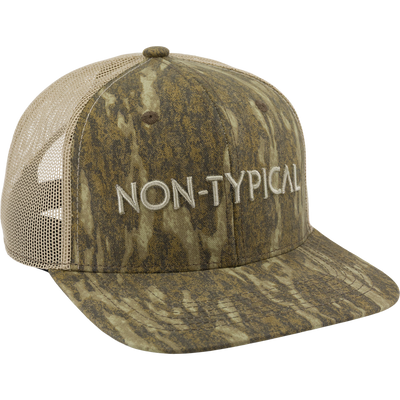 Non-Typical Flatbill Trucker Ball Cap with camouflage pattern, mesh back, and curved bill, featuring NON-TYPICAL embroidery, ideal for versatile outdoor or casual wear.
