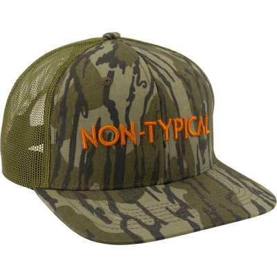 Non-Typical Flatbill Trucker Ball Cap with camouflage pattern, orange NON-TYPICAL embroidery, mesh back, flatbill, and adjustable snapback, ideal for versatile outdoor adventures.