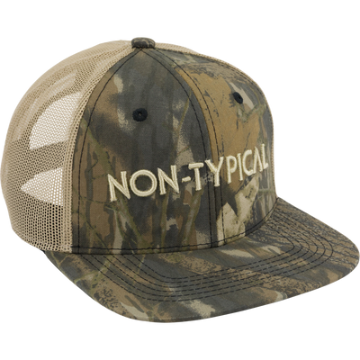Non-Typical Flatbill Trucker Ball Cap with camo front, tan mesh back, and bold NON-TYPICAL embroidery, designed for versatile wear and adjustable fit.