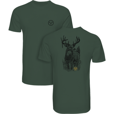 Non-Typical Shooter T-Shirt with front emblem of deer antlers and back featuring a detailed buck drawing. Made for hunting with durable cotton-polyester blend.