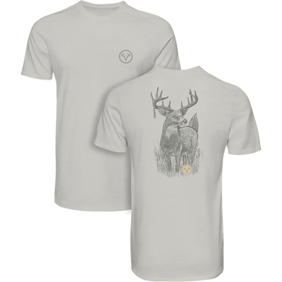 Non-Typical Shooter T-Shirt with front antler logo and back buck illustration, crafted from a 60% cotton/40% polyester blend, ideal for whitetail enthusiasts.