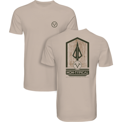 Non-Typical Broadhead T-Shirt with front antler logo, back spear-tip graphic, and NON-TYPICAL text. Designed for deer season, 60% cotton, 40% polyester blend.