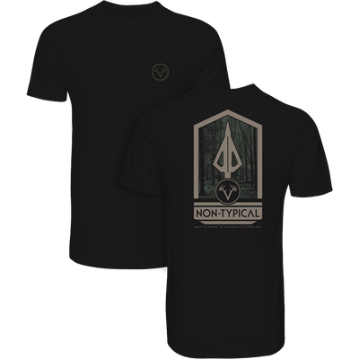 Non-Typical Broadhead T-Shirt showcasing a woodland graphic with antler and arrowhead on back, small antler logo on front, made from a cotton-polyester blend for hunting comfort.