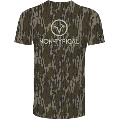 Non-Typical Logo T-Shirt with antler logo and BUILT TO BLEND IN, DESIGNED TO STAND OUT tagline, featuring durable cotton/polyester blend, ideal for hunting comfort.