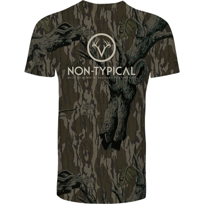 Non-Typical Logo T-Shirt featuring Mossy Oak Treestand camo, circular antler logo, and tagline, crafted for durability and breathable comfort in hunting environments.