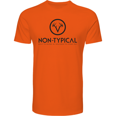 Non-Typical Logo T-Shirt with stylized deer antlers and tagline, made from a breathable cotton-polyester blend, ideal for hunting and outdoor activities.