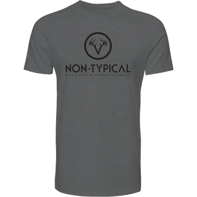 Non-Typical Logo T-Shirt featuring a black deer antler emblem and NON-TYPICAL text, crafted from a durable cotton-polyester blend for breathable comfort.