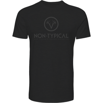 Non-Typical Logo T-Shirt, featuring a stylized V antler emblem and hunting-inspired tagline, designed for comfort and durability with a cotton-polyester blend.