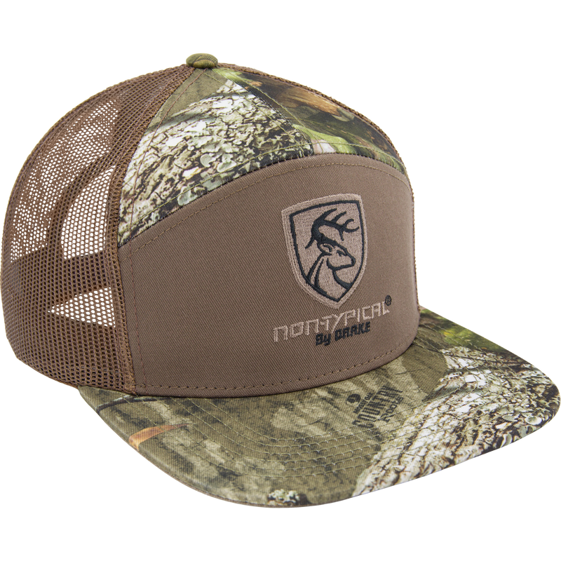 Non-Typical X Lost Sa7age 7 Panel Cap featuring woodland camouflage, embroidered logo, brown mesh back, flat bill, and adjustable snapback.