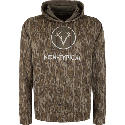 Camo-patterned Non-Typical Performance Hoodie with Scent Control featuring a kangaroo pocket, lined hood, drawstrings, and a deer-antler logo, ideal for cold weather activities.