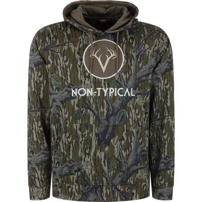 Non-Typical Performance Hoodie with Scent Control, featuring camo pattern, lined hood, kangaroo pocket, and antler logo, ideal for cold weather hunting activities.