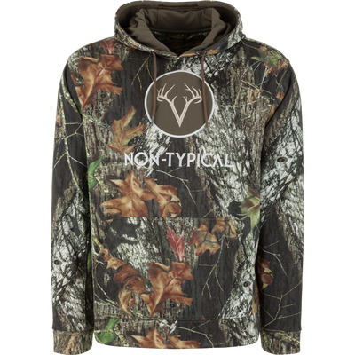 Non-Typical Performance Hoodie with Scent Control, featuring camo pattern, antler badge, drawstring hood, and kangaroo pocket, ideal for hunting in cold weather.