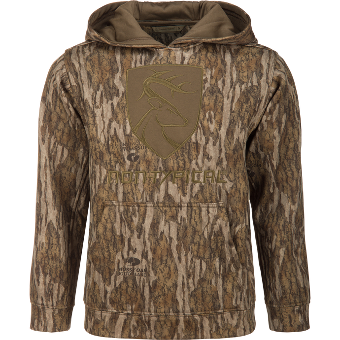 Youth Non-Typical Performance Hoodie with Agion Active featuring a camo pattern, kangaroo pocket, hood, deer head emblem, and NONTYPICAL and Mossy Oak Bottomland logos.