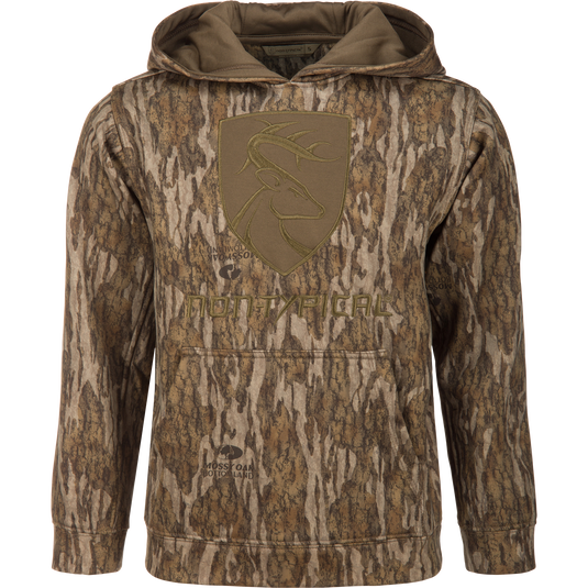 Youth Non-Typical Performance Hoodie with Agion Active featuring a camo pattern, kangaroo pocket, hood, deer head emblem, and NONTYPICAL and Mossy Oak Bottomland logos.