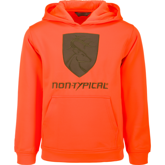 Youth Non-Typical Performance Hoodie with Agion Active featuring a deer-head emblem, kangaroo pocket, and lined hood. Made for durability and range of motion with anti-pilling fabric.