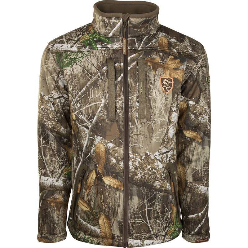 A Silencer Full Zip Jacket Full Camo with Agion Active XL - Realtree, featuring a camouflage pattern and vertical chest pockets for hunting gear.
