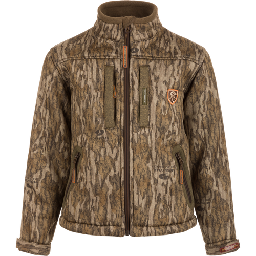 Youth Silencer Full Zip Jacket Full Camo with Scent Control, featuring a camouflage pattern, vertical chest pockets with lanyards, and a zipper for hunting gear.