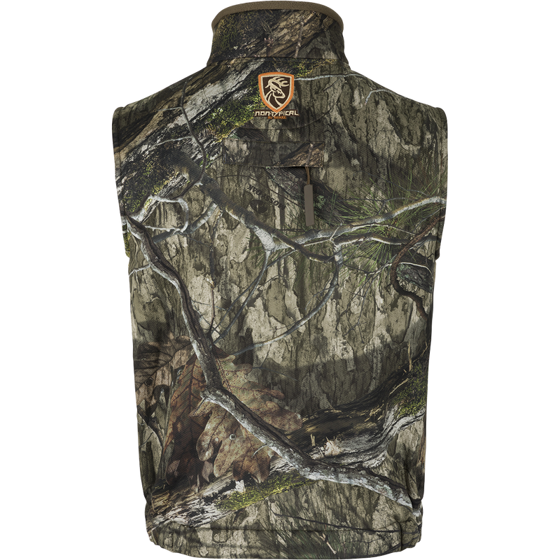 A Drake Silencer Vest with Agion Active XL, featuring a camouflage design and logo, perfect for successful hunting.