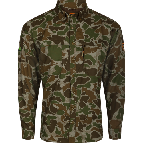 A lightweight, breathable camouflage shirt for warm weather hunts. Features mesh back and side panels for airflow.