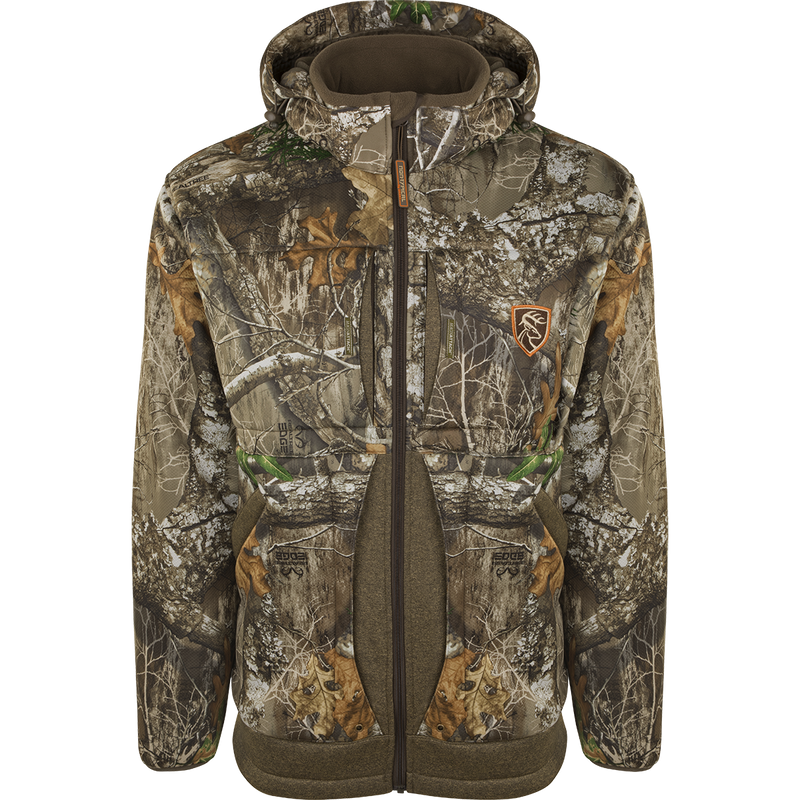 A close-up of the Stand Hunter's Silencer Jacket with Agion Active XL®, featuring a camouflage pattern and deer logo.
