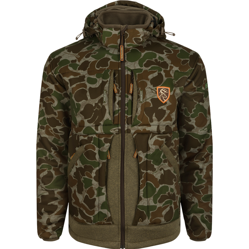 A camouflage jacket with logo, scent control technology, multiple pockets, and fleece lining. Perfect for late-season hunting.