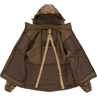 Stand Hunter's Silencer Jacket with Scent Control features a detachable hood, multiple pockets, and a durable, quiet fabric ideal for late-season hunting.