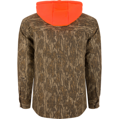 Non-Typical Campfire Hoodie with Mossy Oak camo, bright orange hood, and multiple pockets. Displayed on mannequin, showcasing functional hunting gear by Drake Waterfowl.