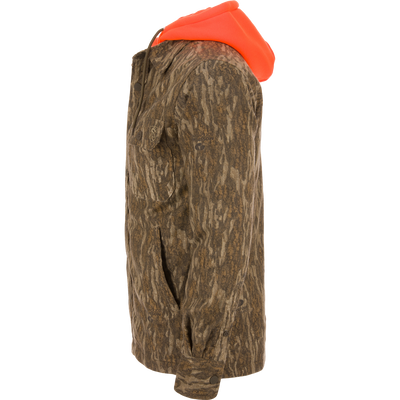 Non-Typical Campfire Hoodie with camouflage pattern, bright orange hood, chest and hand-warmer pockets, button cuffs, showcasing functional design ideal for hunting.