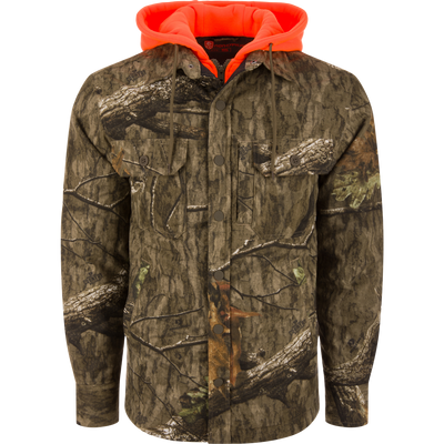 Non-Typical Campfire Hoodie features camo print, blaze-orange hood, snap-front buttons, two chest flap pockets, designed with durable cotton and recycled polyester for hunting versatility.